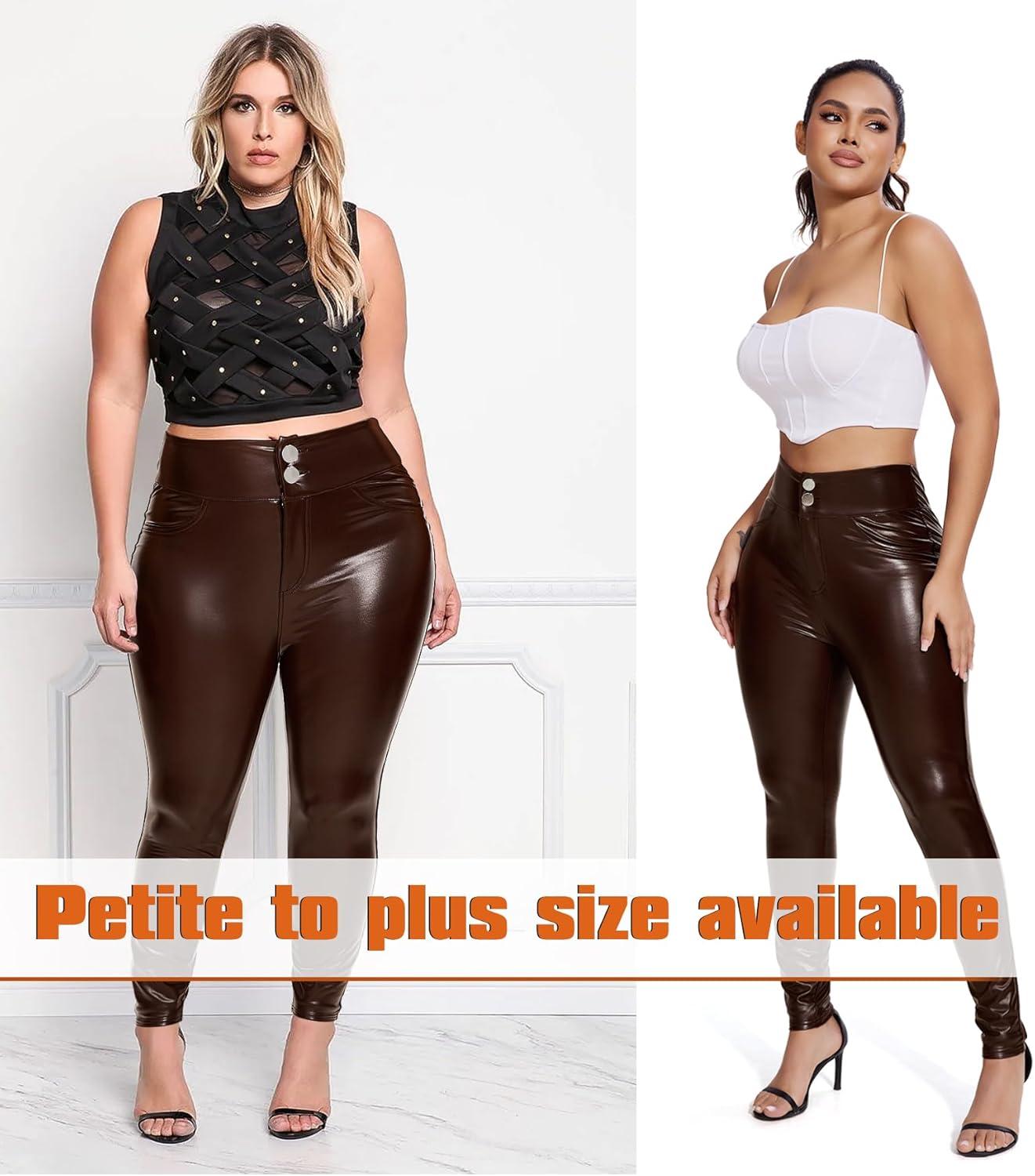 imageRIOJOY Womens Sexy Leather Leggings High Waisted Butt Lifting Faux Leather PU Pants Tummy Control StretchBrown