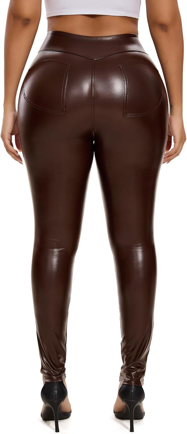 imageRIOJOY Womens Sexy Leather Leggings High Waisted Butt Lifting Faux Leather PU Pants Tummy Control StretchBrown