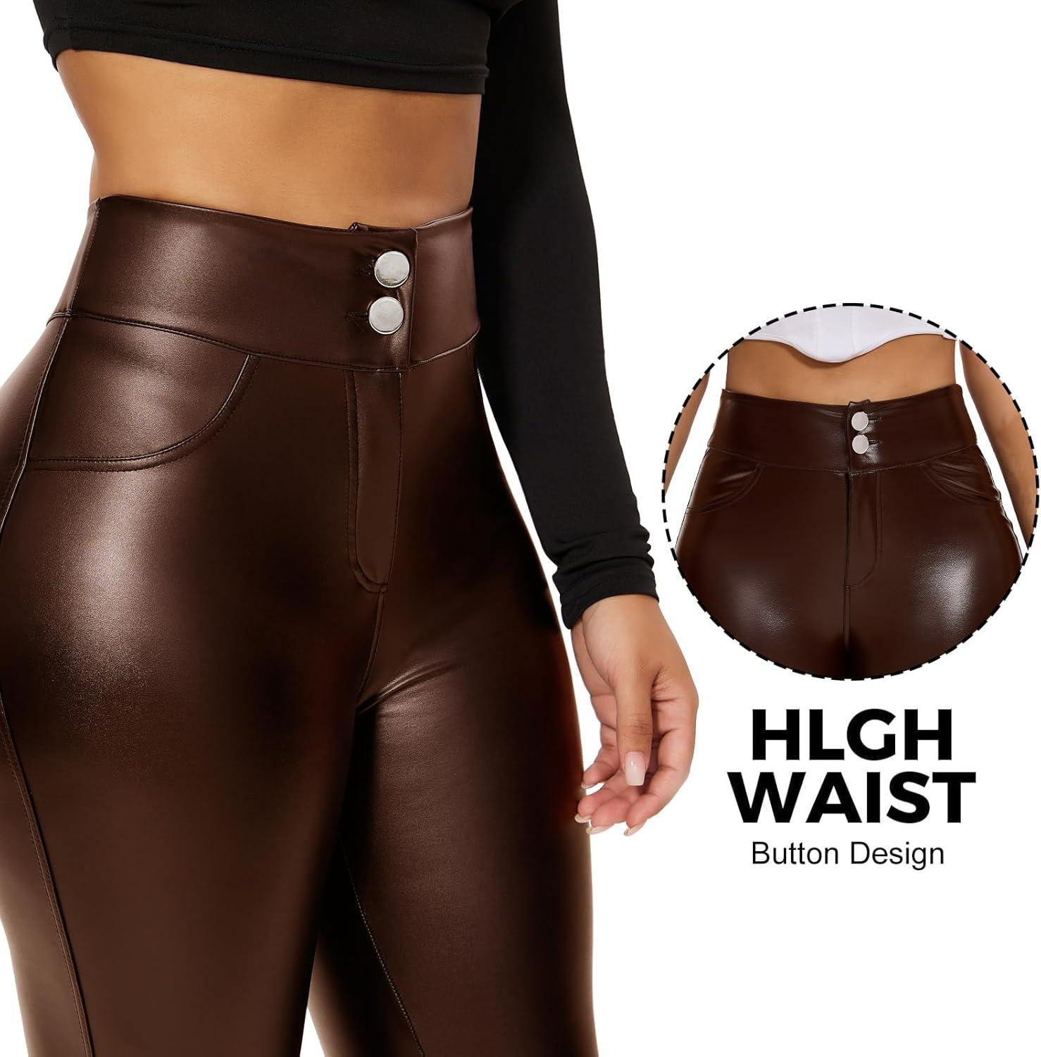 imageRIOJOY Womens Sexy Leather Leggings High Waisted Butt Lifting Faux Leather PU Pants Tummy Control StretchBrown