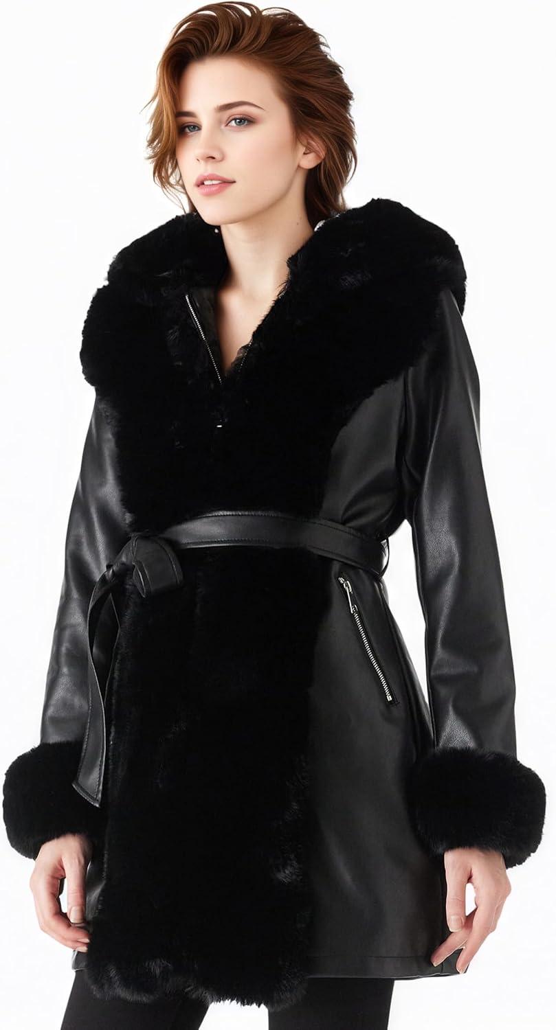 imageRISISSIDA Luxurious Women Winter Fur Lined Coat Leather Jacket with Hooded Long Fur Collar Thick Warm Heavy Overcoat Belted