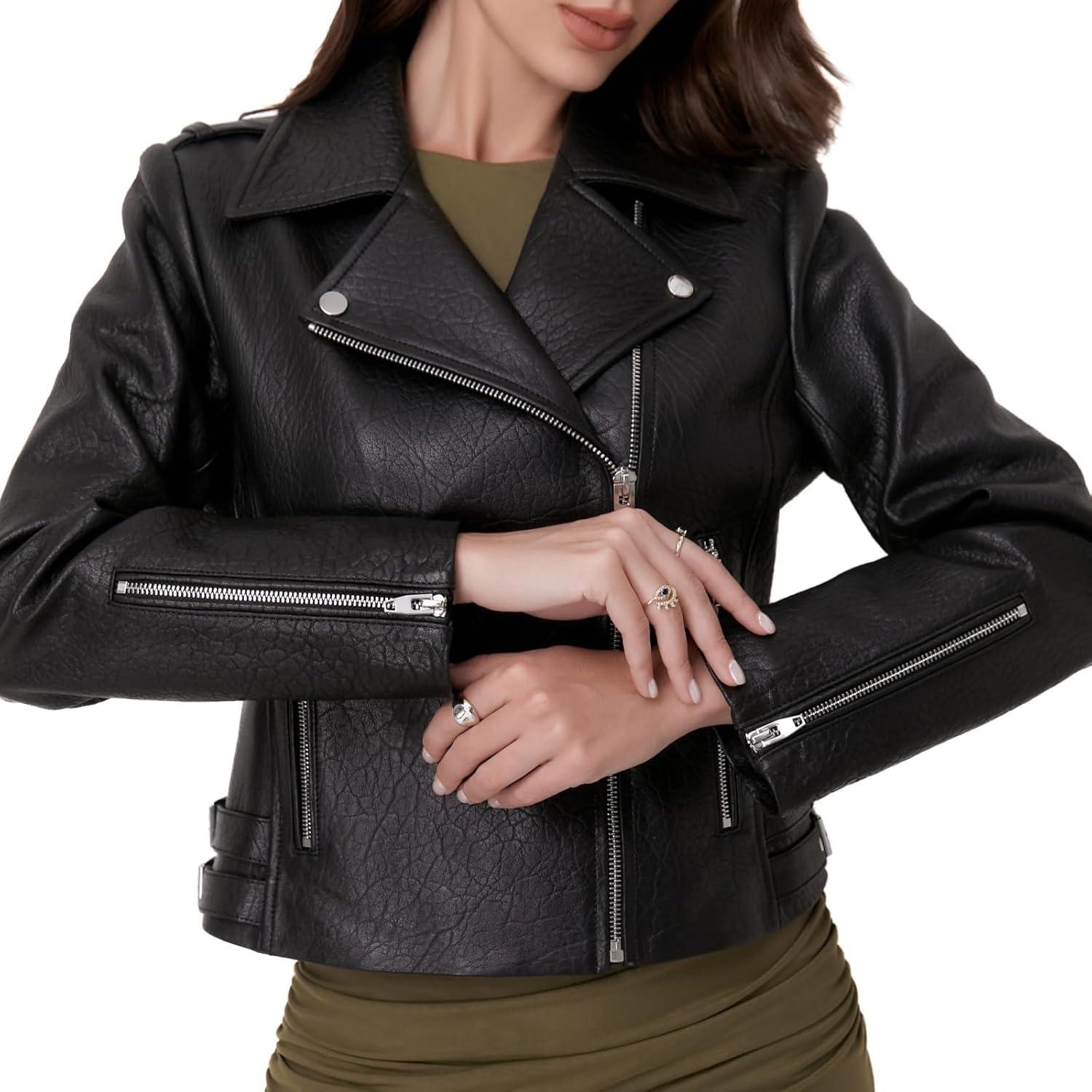 imageSILVER FASHIONS Lambskin Leather Jacket WomenMotorcycle JacketAsymmetrical Zip StyleBuckle BeltsQuilted DetailsBlack Bubble Lamb