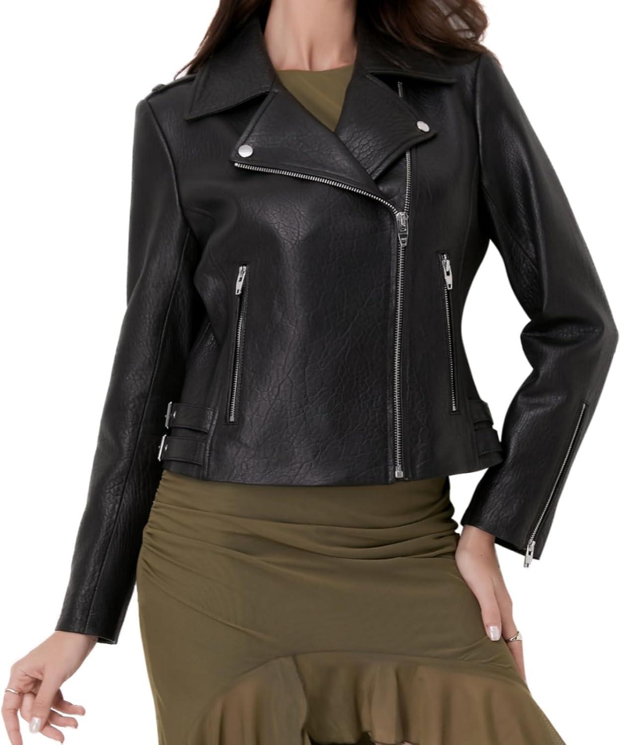 imageSILVER FASHIONS Lambskin Leather Jacket WomenMotorcycle JacketAsymmetrical Zip StyleBuckle BeltsQuilted DetailsBlack Bubble Lamb