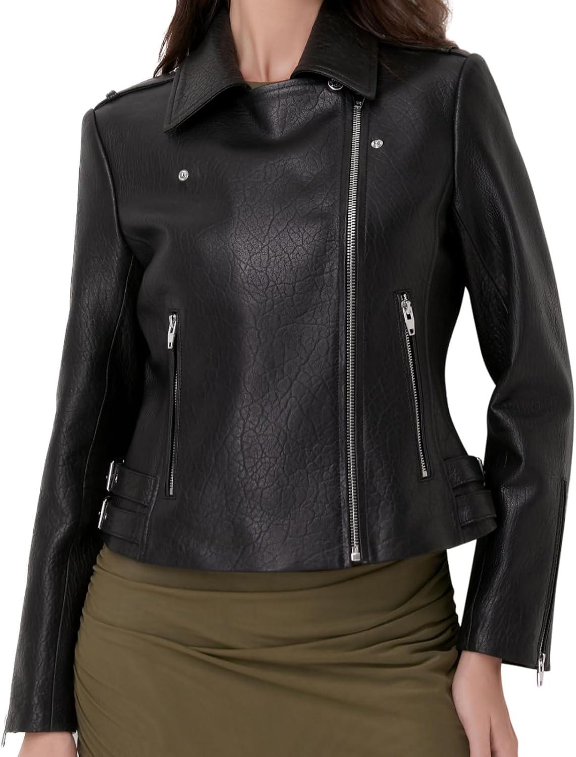 imageSILVER FASHIONS Lambskin Leather Jacket WomenMotorcycle JacketAsymmetrical Zip StyleBuckle BeltsQuilted DetailsBlack Bubble Lamb