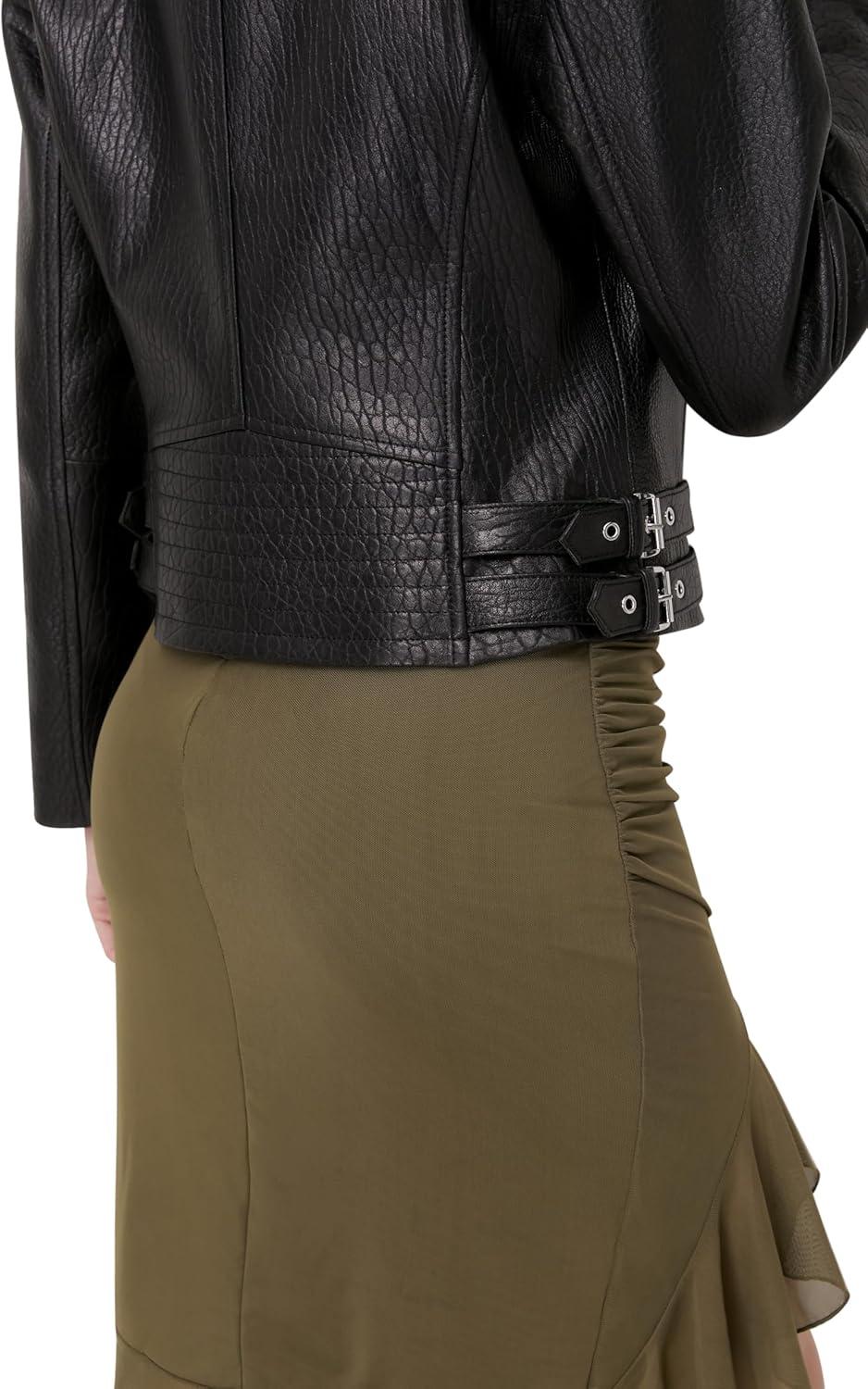 imageSILVER FASHIONS Lambskin Leather Jacket WomenMotorcycle JacketAsymmetrical Zip StyleBuckle BeltsQuilted DetailsBlack Bubble Lamb