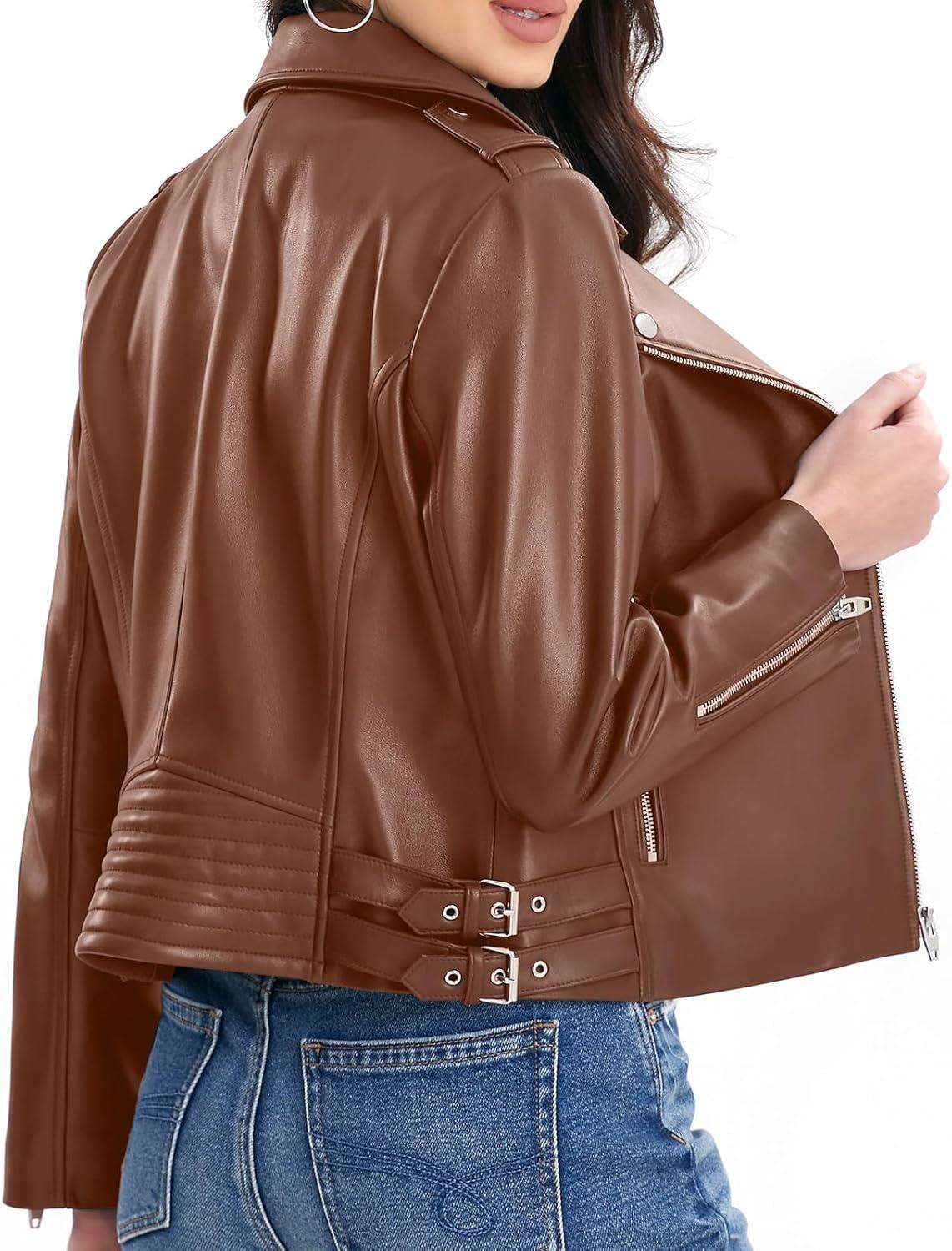 imageSILVER FASHIONS Lambskin Leather Jacket WomenMotorcycle JacketAsymmetrical Zip StyleBuckle BeltsQuilted DetailsBrown