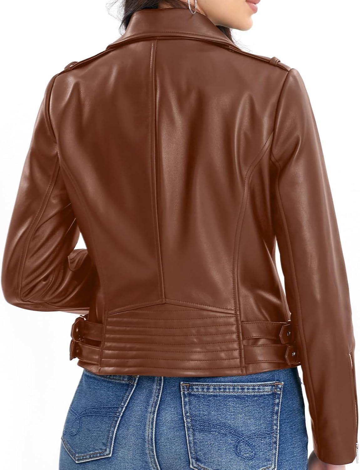 imageSILVER FASHIONS Lambskin Leather Jacket WomenMotorcycle JacketAsymmetrical Zip StyleBuckle BeltsQuilted DetailsBrown