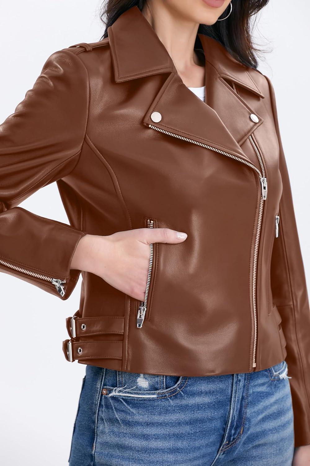 imageSILVER FASHIONS Lambskin Leather Jacket WomenMotorcycle JacketAsymmetrical Zip StyleBuckle BeltsQuilted DetailsBrown