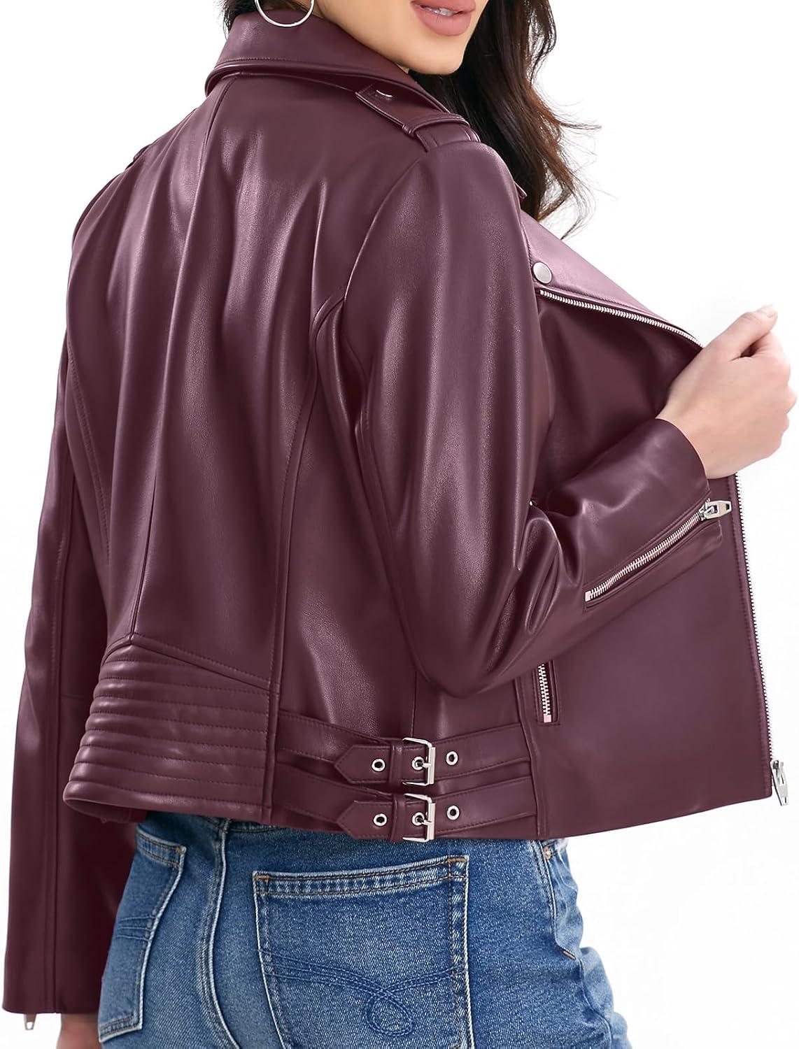 imageSILVER FASHIONS Lambskin Leather Jacket WomenMotorcycle JacketAsymmetrical Zip StyleBuckle BeltsQuilted DetailsBurgundy