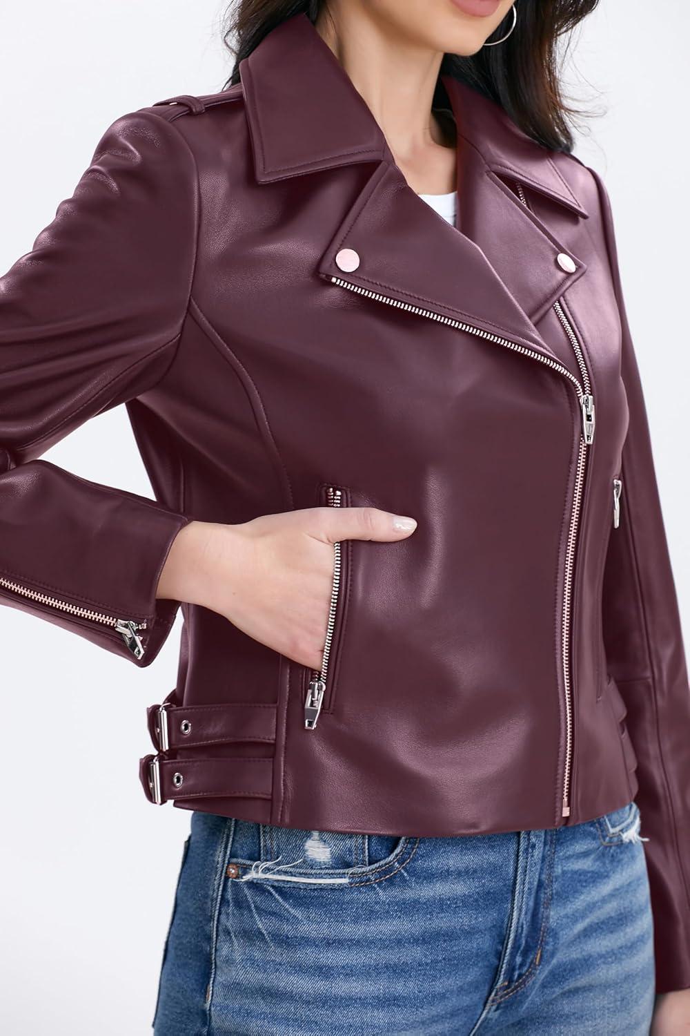 imageSILVER FASHIONS Lambskin Leather Jacket WomenMotorcycle JacketAsymmetrical Zip StyleBuckle BeltsQuilted DetailsBurgundy