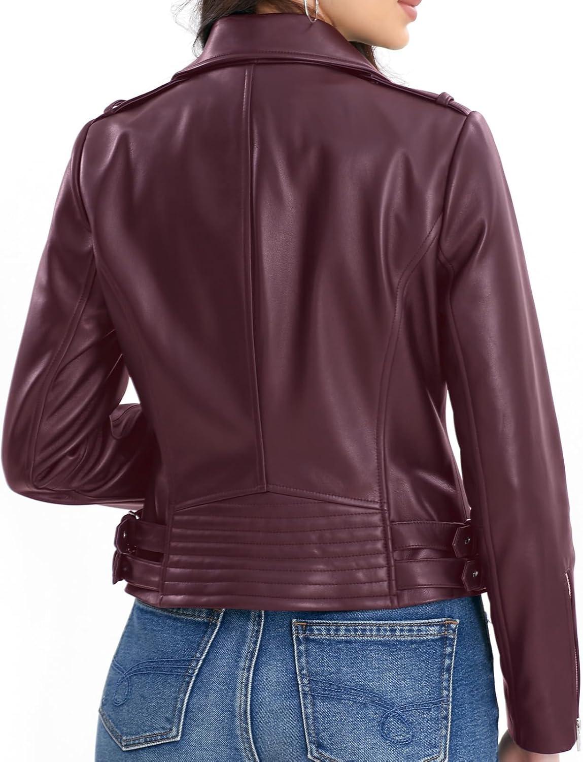 imageSILVER FASHIONS Lambskin Leather Jacket WomenMotorcycle JacketAsymmetrical Zip StyleBuckle BeltsQuilted DetailsBurgundy