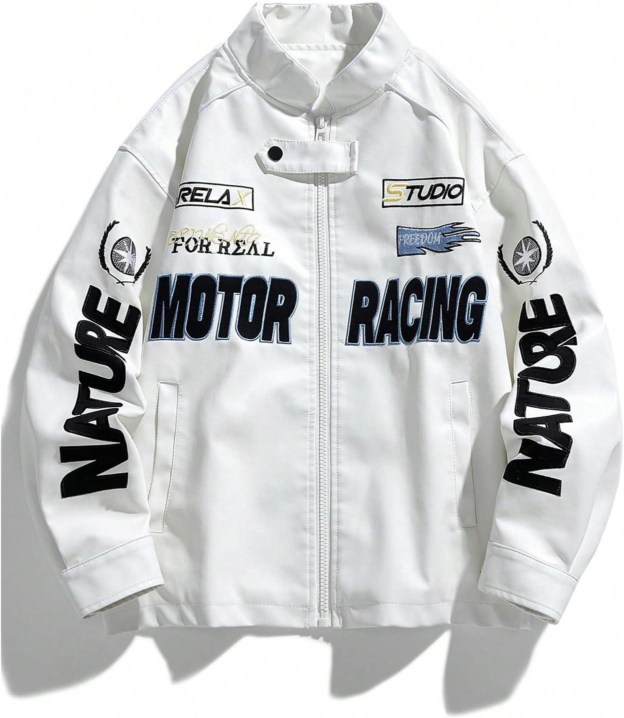imageSOLY HUX Womens Faux Leather Motorcycle Jacket Y2k Racing Graphic Bomber Jackets Coat StreetwearWhite Graphic