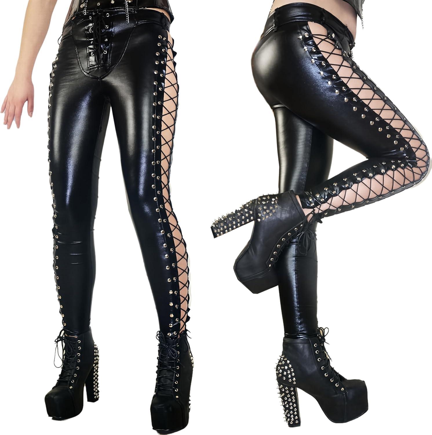 imageSPICYKISS Womens Lace Up Faux Leather Leggings Gothic Bandage Skinny Leggings Hollow Out Tight PantsBlack