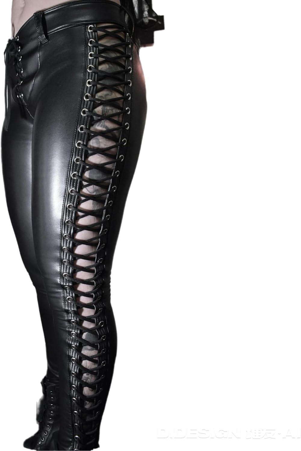 imageSPICYKISS Womens Lace Up Faux Leather Leggings Gothic Bandage Skinny Leggings Hollow Out Tight PantsBlack