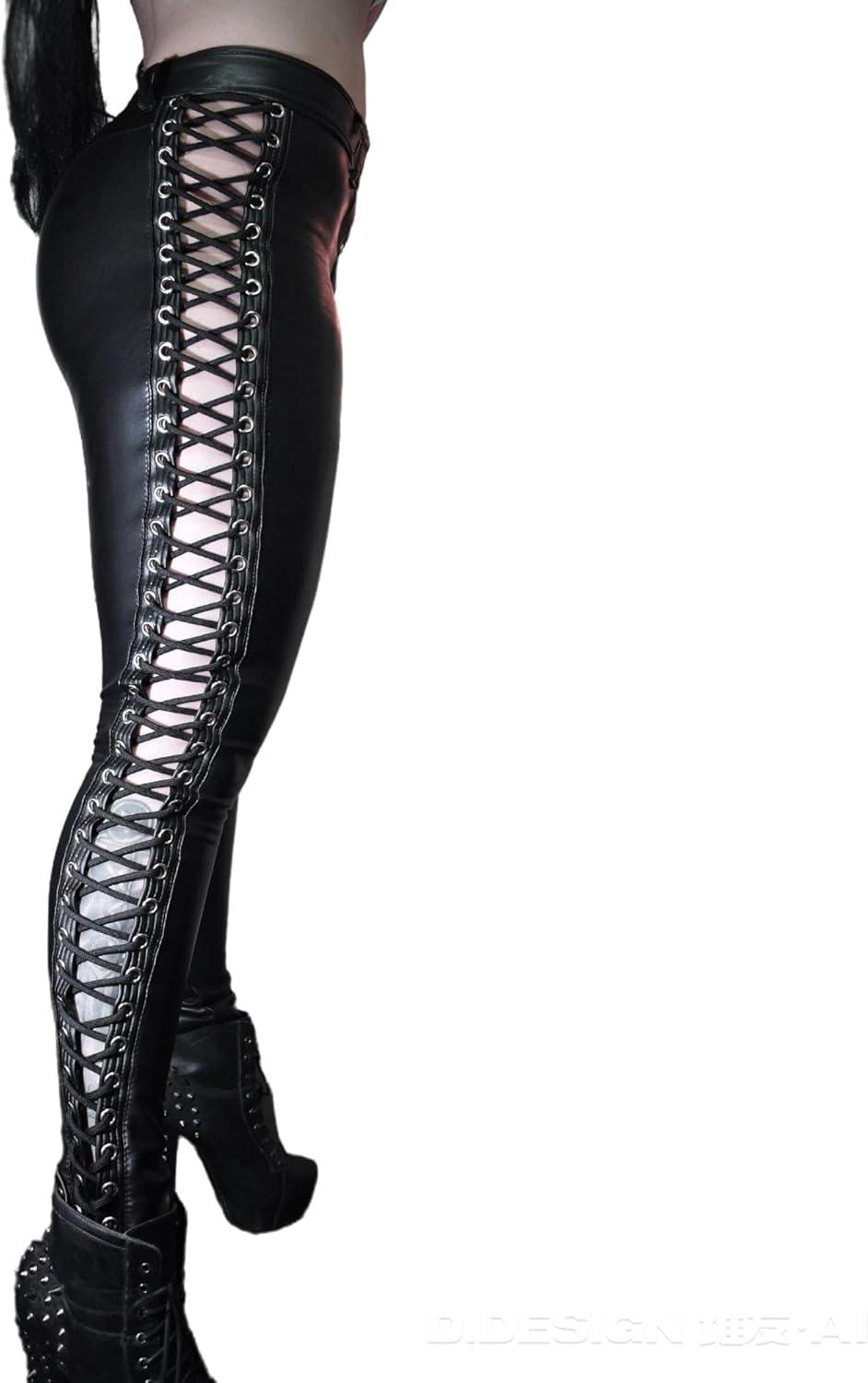 imageSPICYKISS Womens Lace Up Faux Leather Leggings Gothic Bandage Skinny Leggings Hollow Out Tight PantsBlack