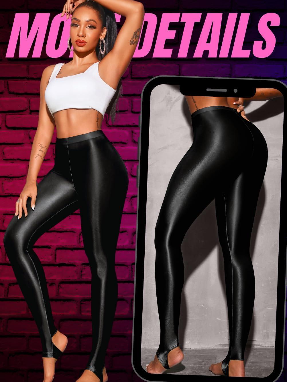 imageShiny Leggings for Women Rave Party Outfits Sexy Sheer Stirrup Pants High Waist Waisted See Through Mesh TightsBlack
