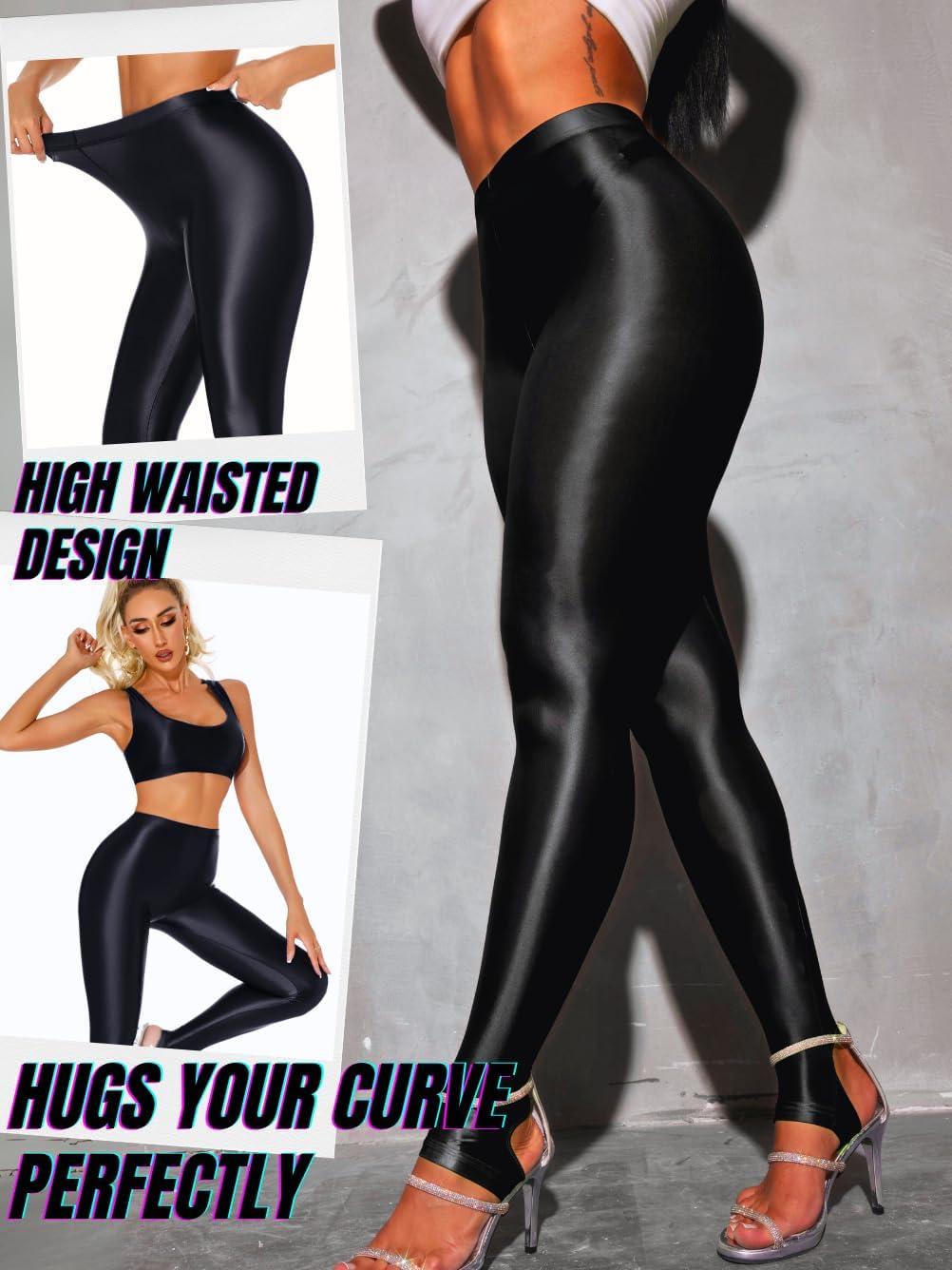 imageShiny Leggings for Women Rave Party Outfits Sexy Sheer Stirrup Pants High Waist Waisted See Through Mesh TightsBlack