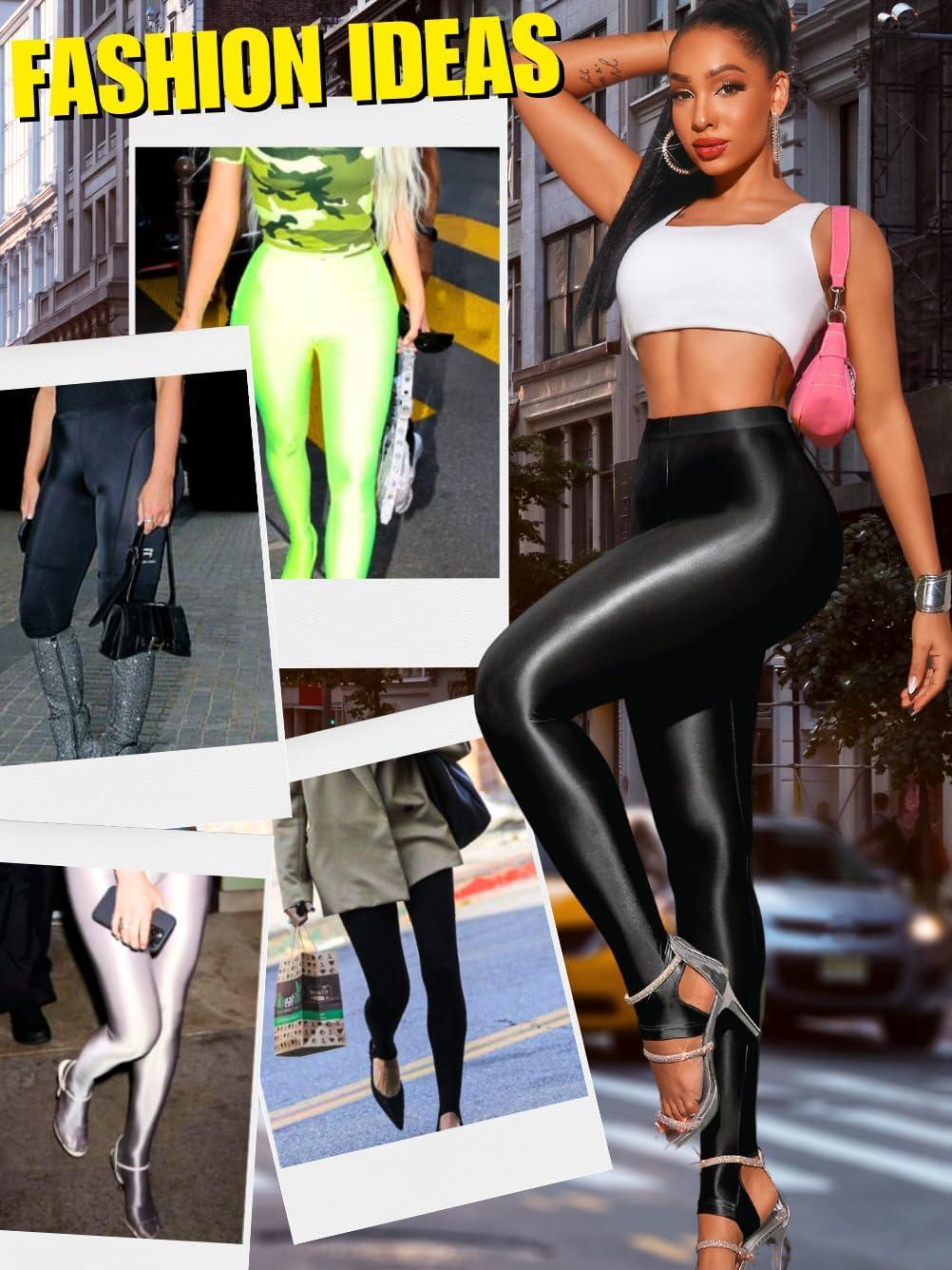 imageShiny Leggings for Women Rave Party Outfits Sexy Sheer Stirrup Pants High Waist Waisted See Through Mesh TightsBlack