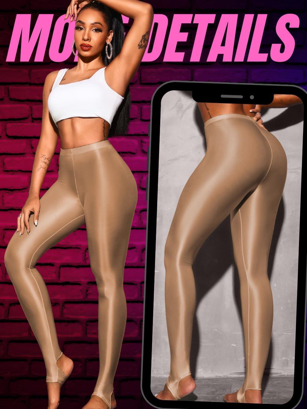 imageShiny Leggings for Women Rave Party Outfits Sexy Sheer Stirrup Pants High Waist Waisted See Through Mesh TightsCoffee