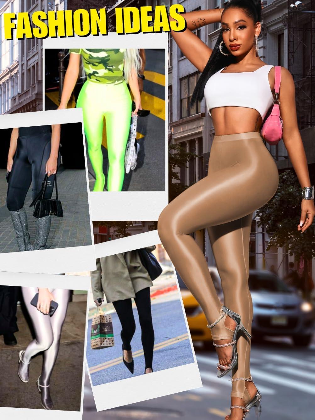 imageShiny Leggings for Women Rave Party Outfits Sexy Sheer Stirrup Pants High Waist Waisted See Through Mesh TightsCoffee