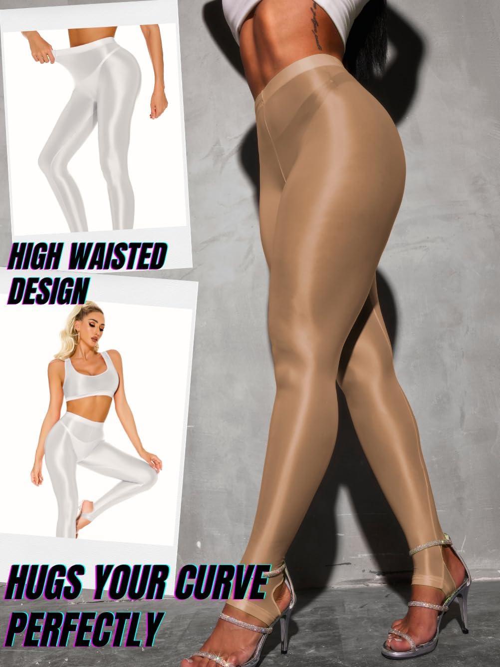 imageShiny Leggings for Women Rave Party Outfits Sexy Sheer Stirrup Pants High Waist Waisted See Through Mesh TightsCoffee