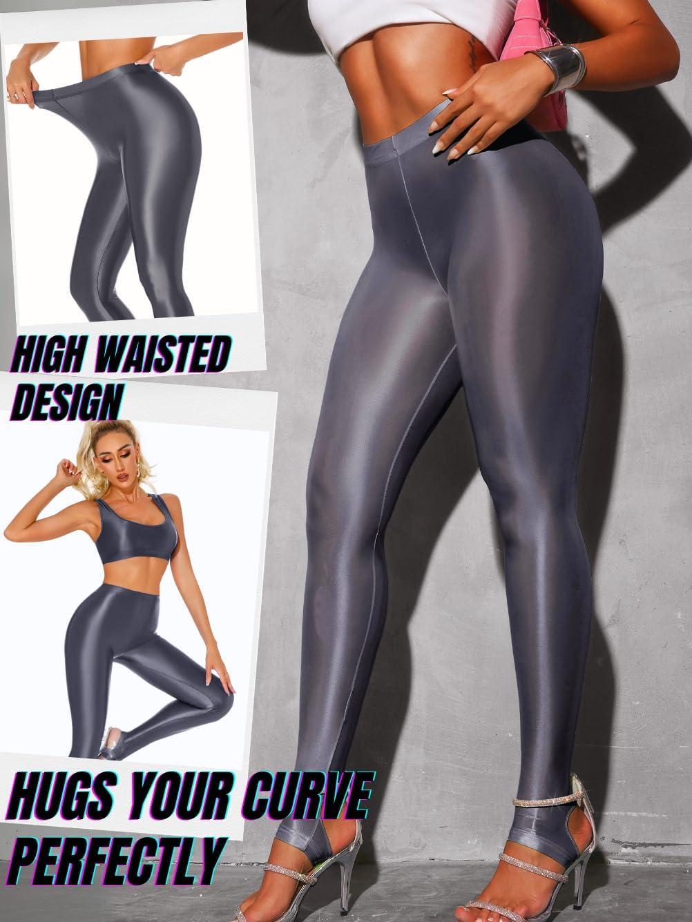 imageShiny Leggings for Women Rave Party Outfits Sexy Sheer Stirrup Pants High Waist Waisted See Through Mesh TightsGrey
