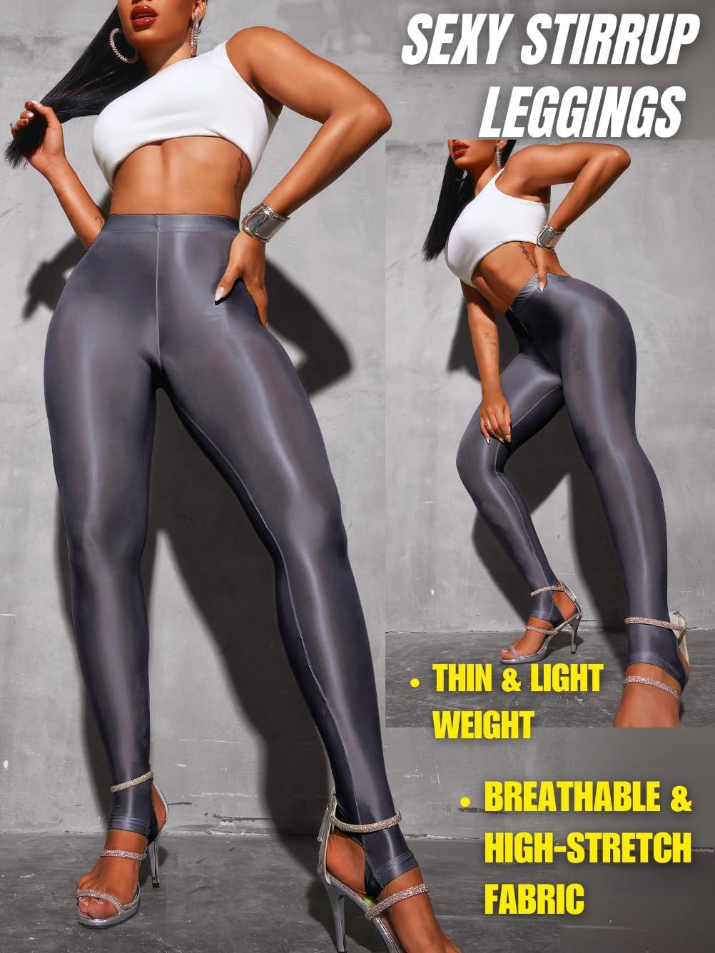 imageShiny Leggings for Women Rave Party Outfits Sexy Sheer Stirrup Pants High Waist Waisted See Through Mesh TightsGrey