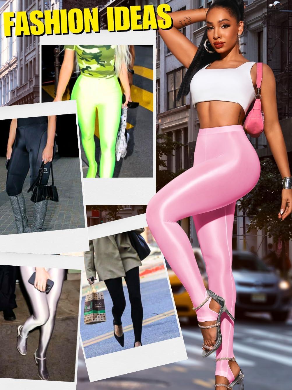 imageShiny Leggings for Women Rave Party Outfits Sexy Sheer Stirrup Pants High Waist Waisted See Through Mesh TightsLight Pink