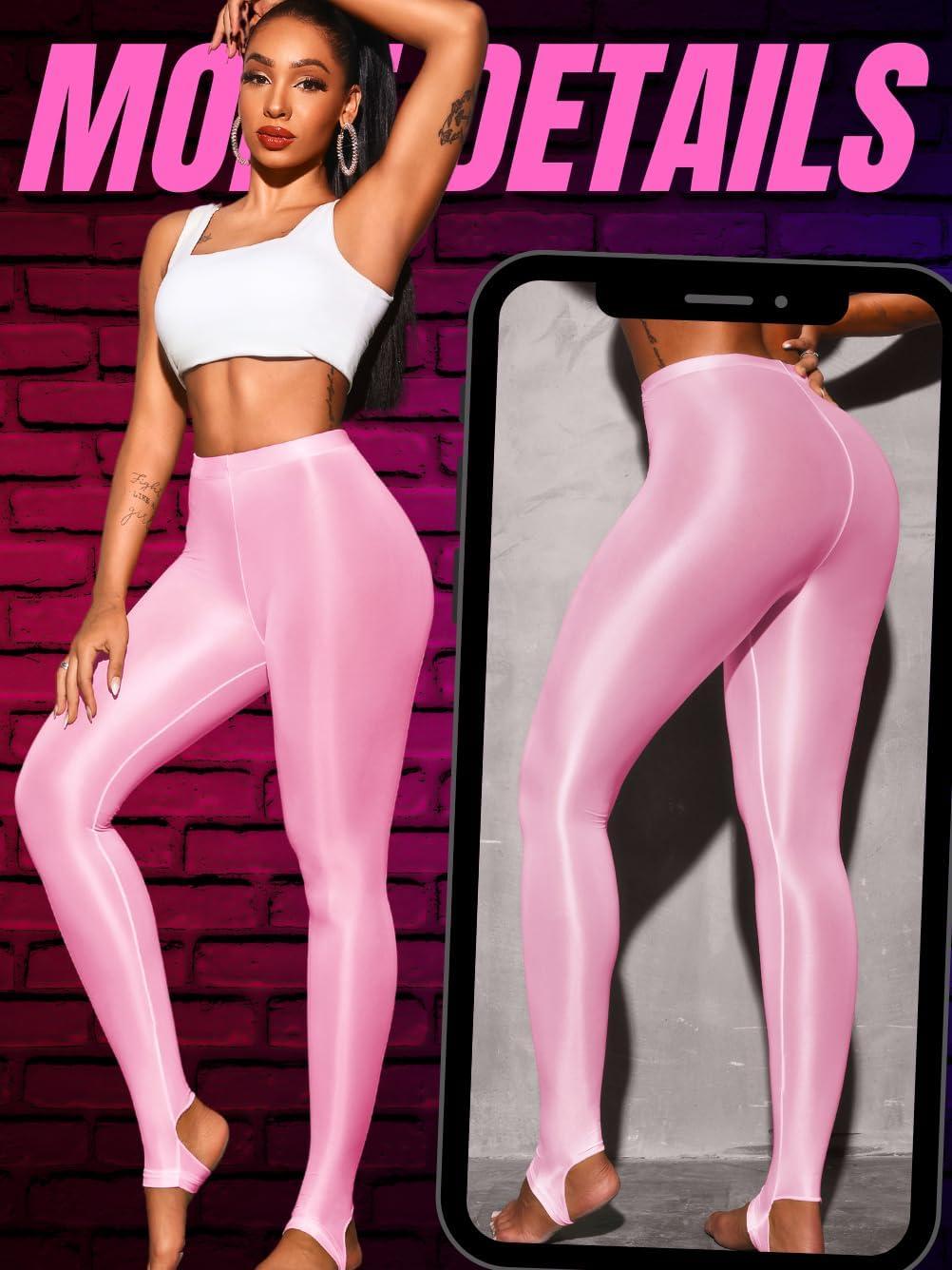 imageShiny Leggings for Women Rave Party Outfits Sexy Sheer Stirrup Pants High Waist Waisted See Through Mesh TightsLight Pink