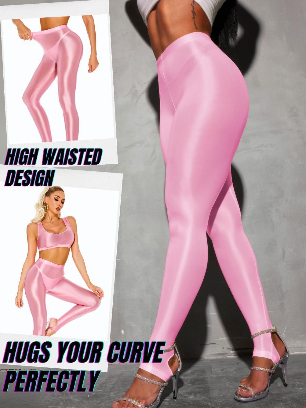 imageShiny Leggings for Women Rave Party Outfits Sexy Sheer Stirrup Pants High Waist Waisted See Through Mesh TightsLight Pink