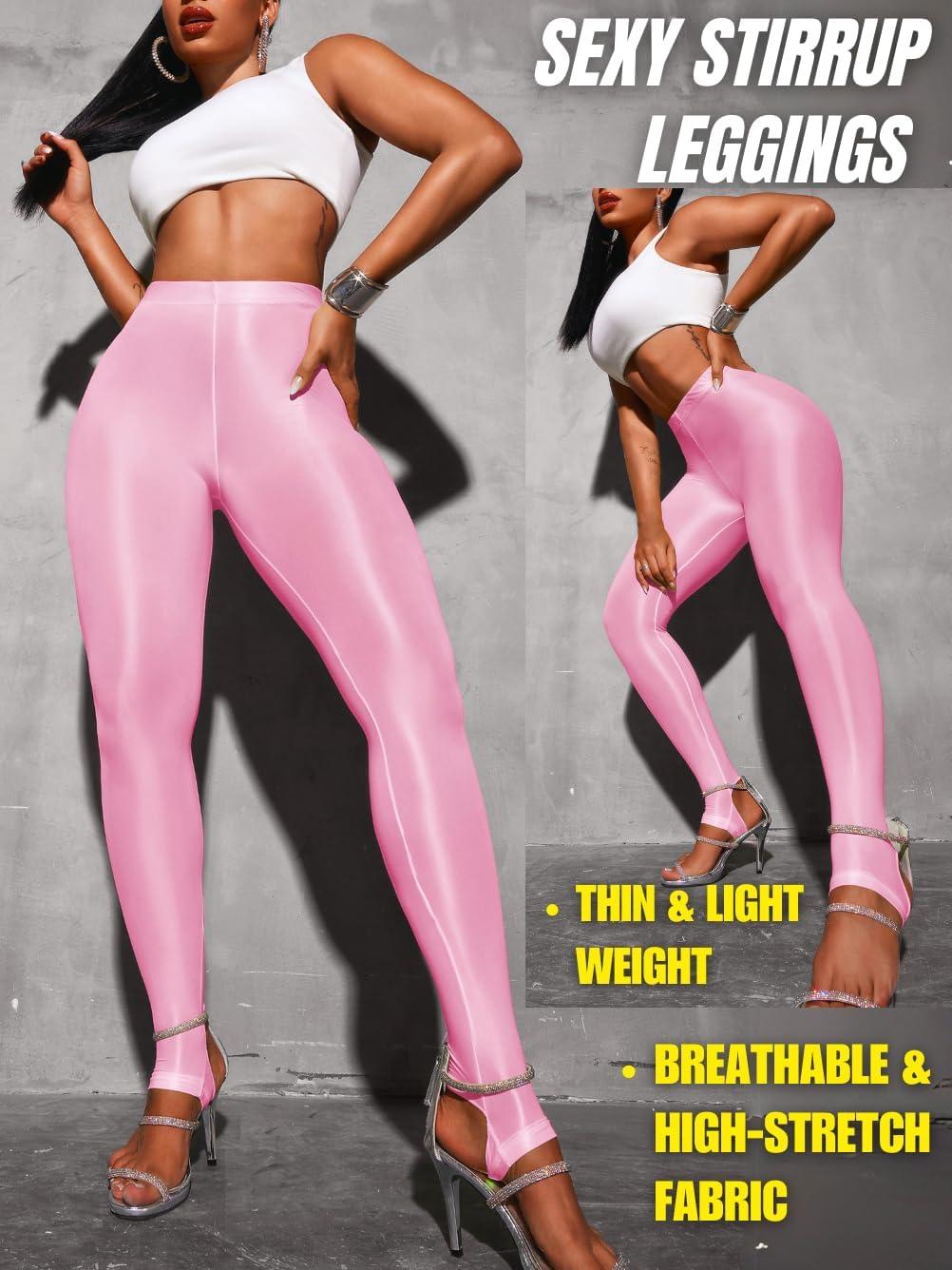 imageShiny Leggings for Women Rave Party Outfits Sexy Sheer Stirrup Pants High Waist Waisted See Through Mesh TightsLight Pink