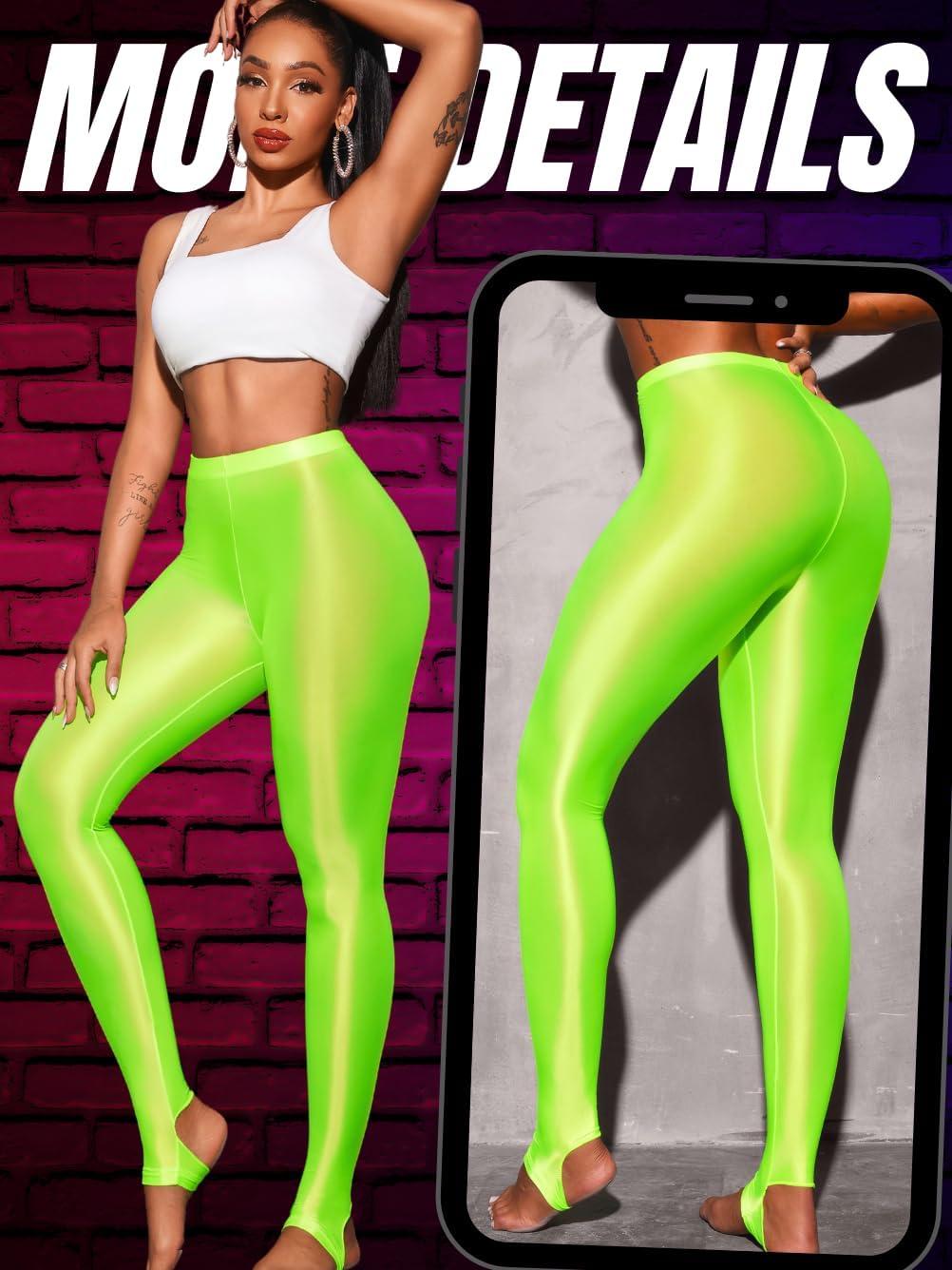 imageShiny Leggings for Women Rave Party Outfits Sexy Sheer Stirrup Pants High Waist Waisted See Through Mesh TightsNeon Green