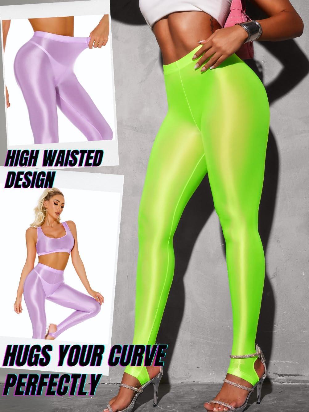 imageShiny Leggings for Women Rave Party Outfits Sexy Sheer Stirrup Pants High Waist Waisted See Through Mesh TightsNeon Green
