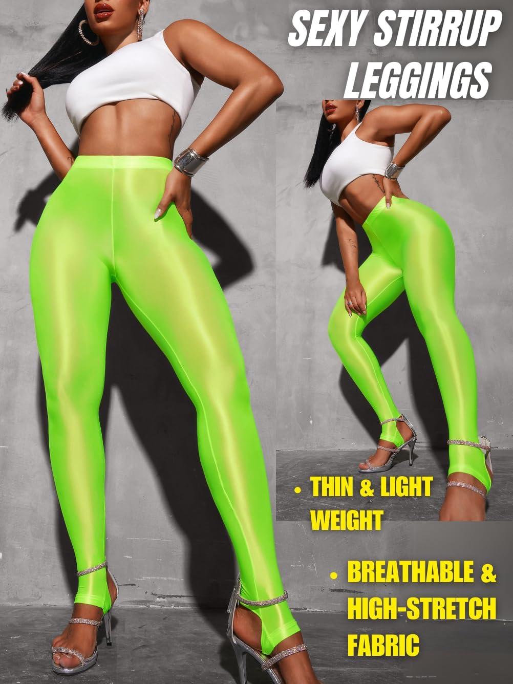 imageShiny Leggings for Women Rave Party Outfits Sexy Sheer Stirrup Pants High Waist Waisted See Through Mesh TightsNeon Green