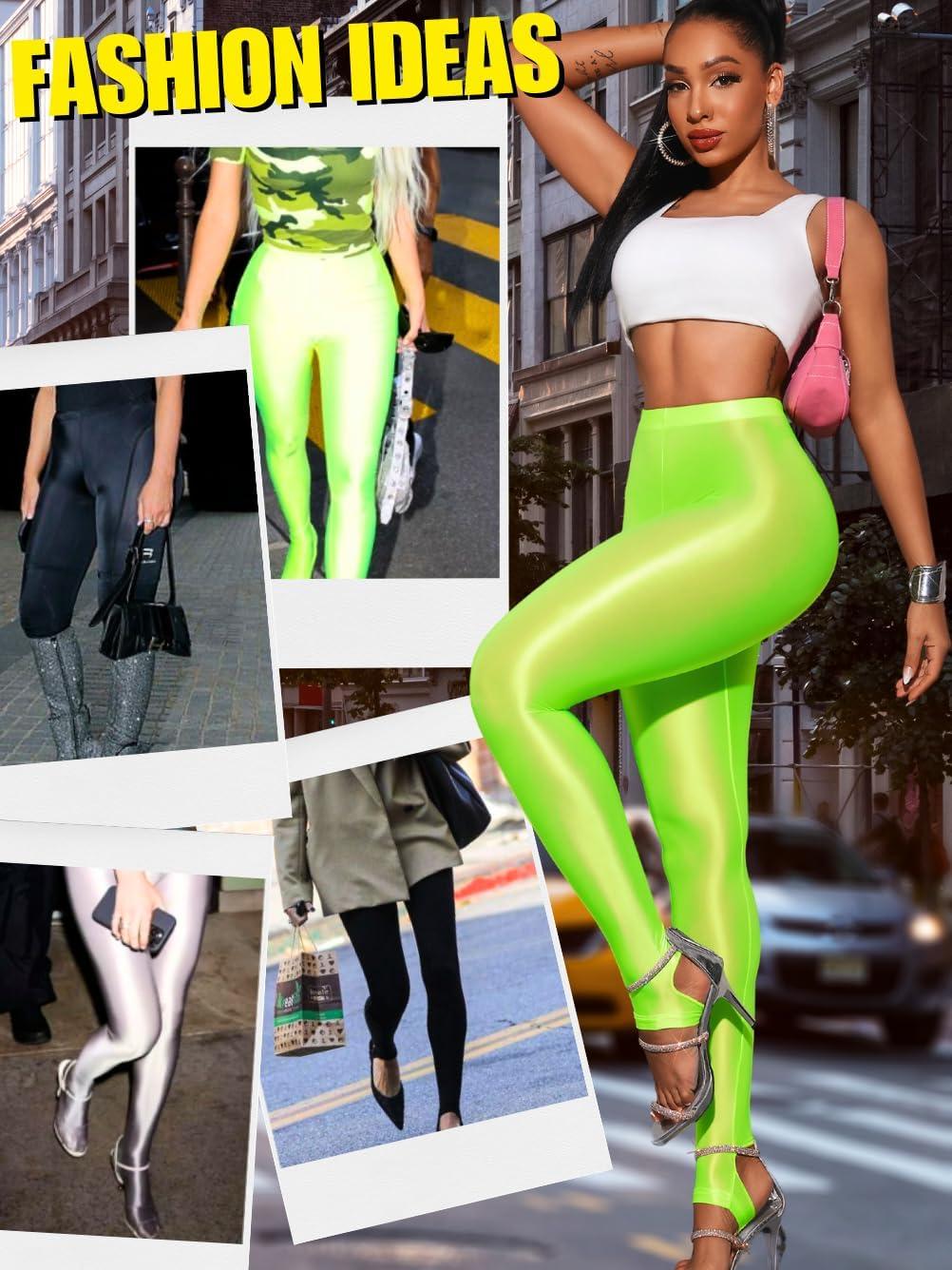 imageShiny Leggings for Women Rave Party Outfits Sexy Sheer Stirrup Pants High Waist Waisted See Through Mesh TightsNeon Green