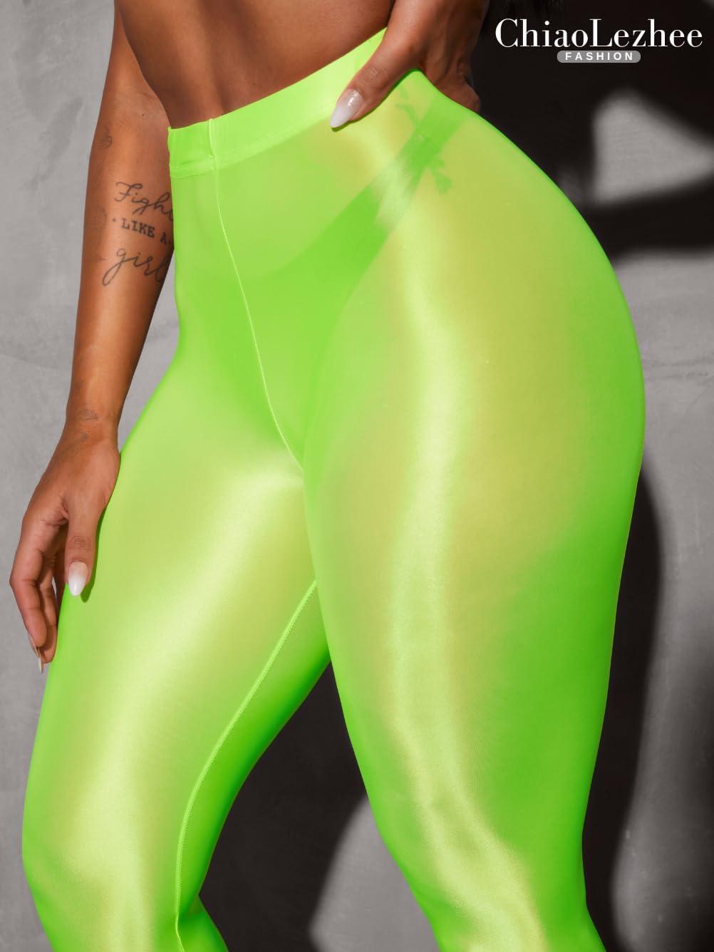 imageShiny Leggings for Women Rave Party Outfits Sexy Sheer Stirrup Pants High Waist Waisted See Through Mesh TightsNeon Green