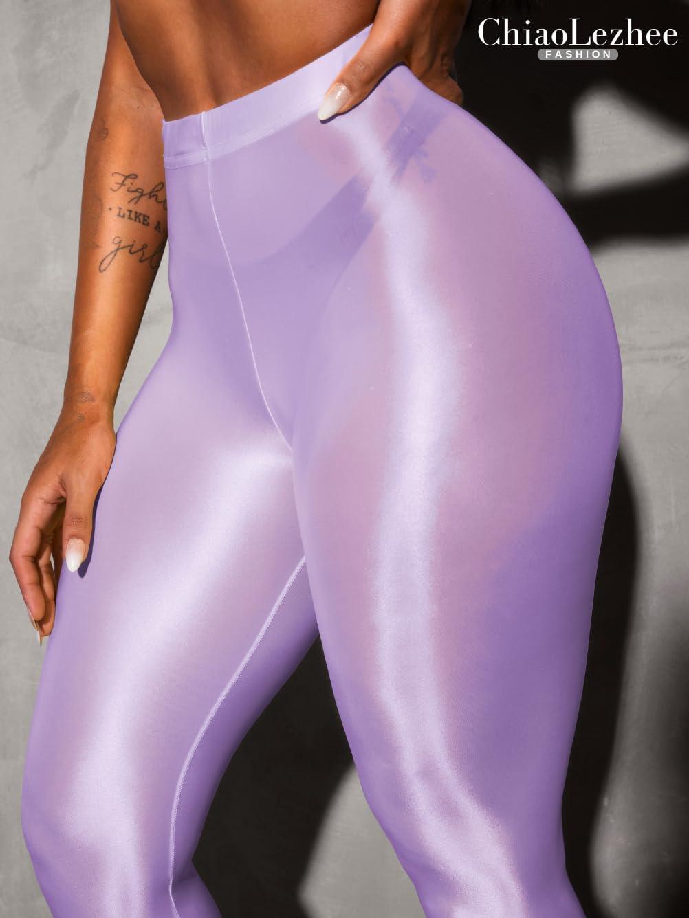 imageShiny Leggings for Women Rave Party Outfits Sexy Sheer Stirrup Pants High Waist Waisted See Through Mesh TightsPurple