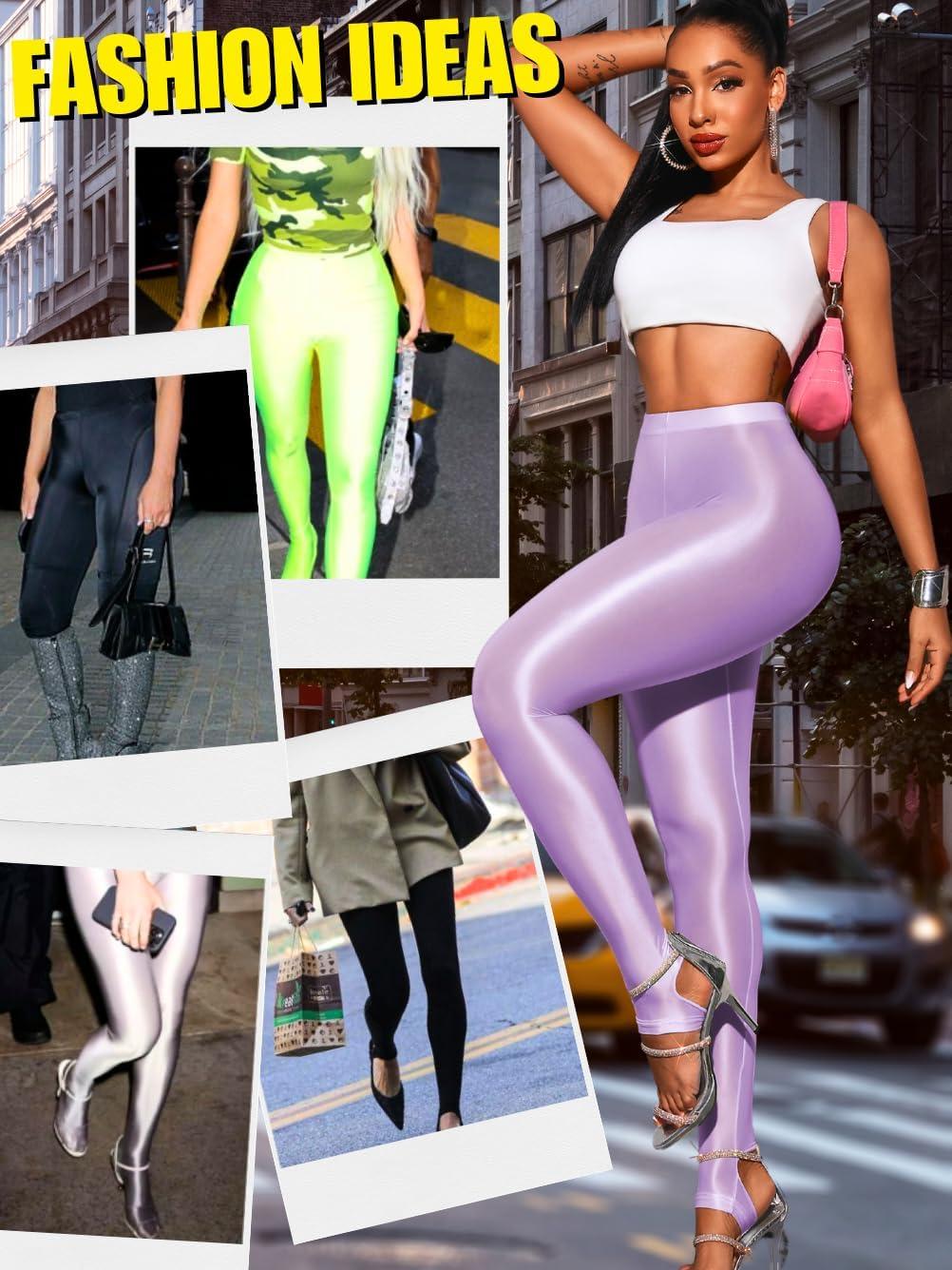imageShiny Leggings for Women Rave Party Outfits Sexy Sheer Stirrup Pants High Waist Waisted See Through Mesh TightsPurple
