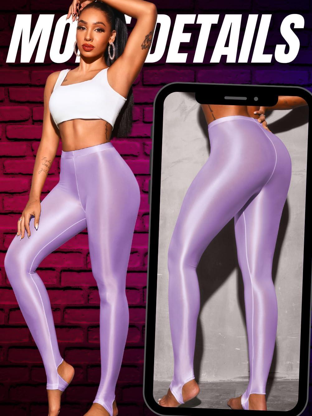 imageShiny Leggings for Women Rave Party Outfits Sexy Sheer Stirrup Pants High Waist Waisted See Through Mesh TightsPurple