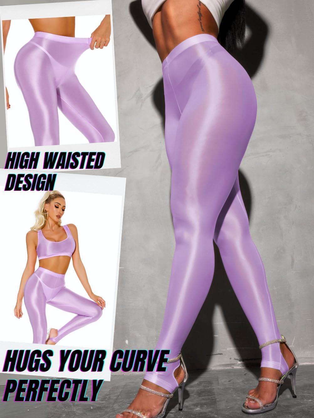 imageShiny Leggings for Women Rave Party Outfits Sexy Sheer Stirrup Pants High Waist Waisted See Through Mesh TightsPurple