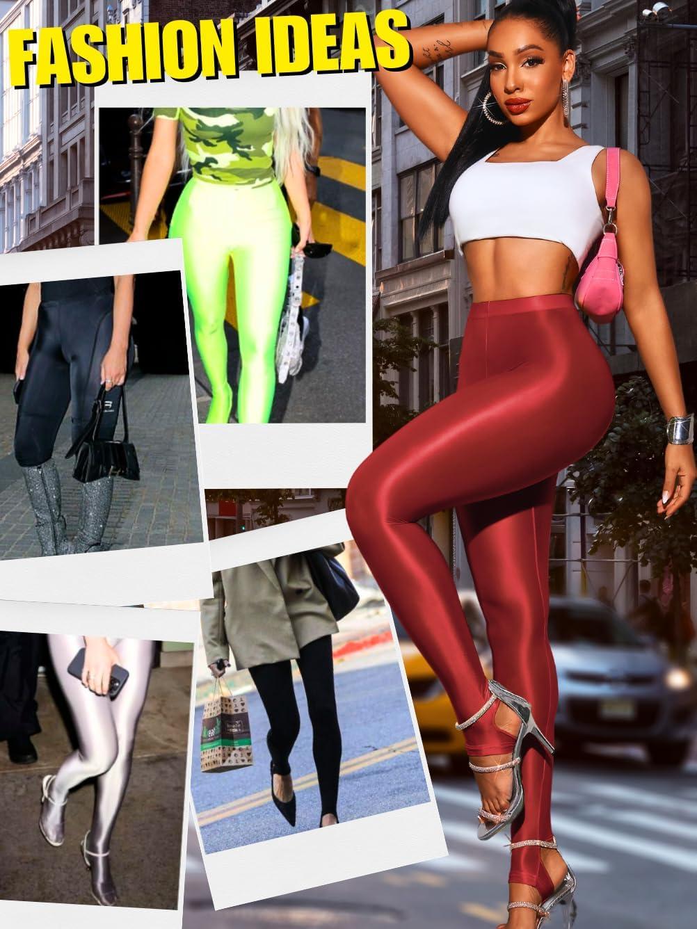 imageShiny Leggings for Women Rave Party Outfits Sexy Sheer Stirrup Pants High Waist Waisted See Through Mesh TightsRed