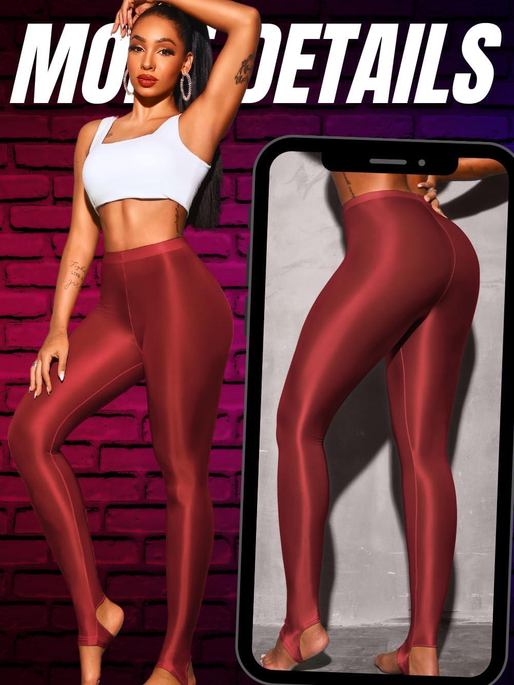 imageShiny Leggings for Women Rave Party Outfits Sexy Sheer Stirrup Pants High Waist Waisted See Through Mesh TightsRed