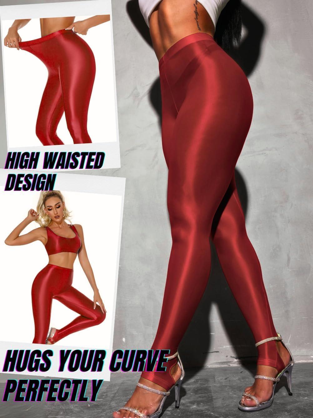 imageShiny Leggings for Women Rave Party Outfits Sexy Sheer Stirrup Pants High Waist Waisted See Through Mesh TightsRed