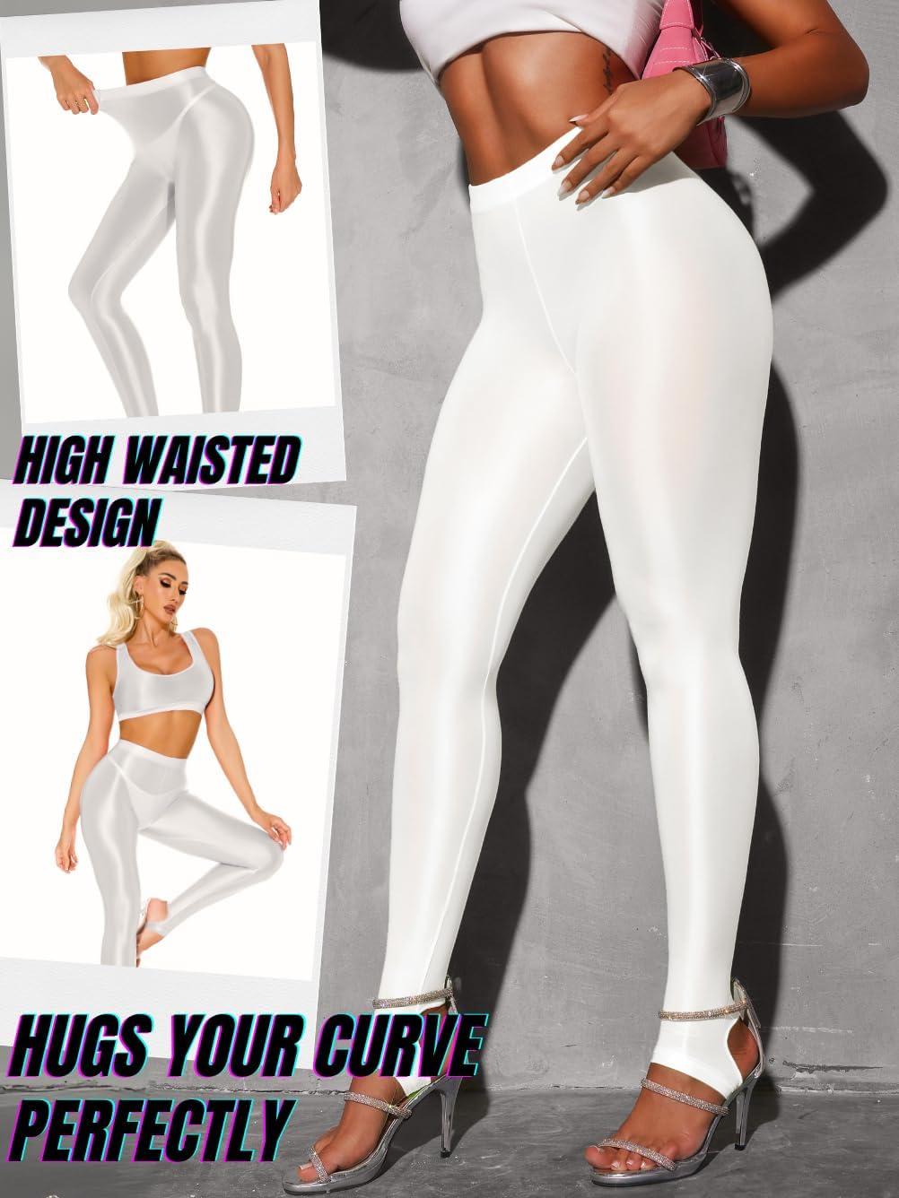 imageShiny Leggings for Women Rave Party Outfits Sexy Sheer Stirrup Pants High Waist Waisted See Through Mesh TightsWhite