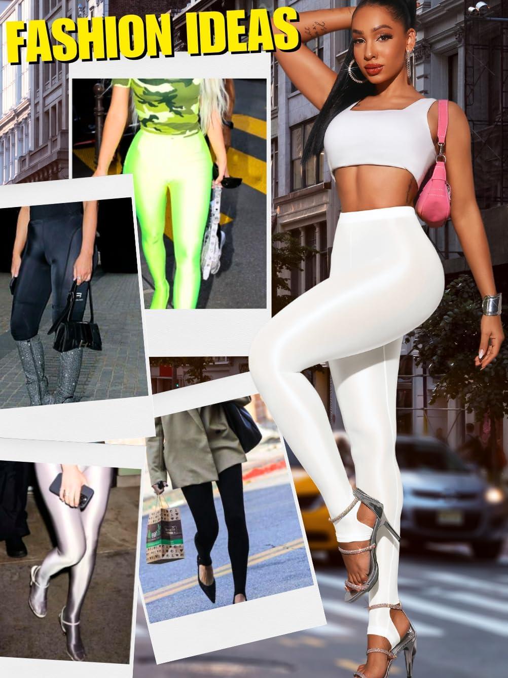 imageShiny Leggings for Women Rave Party Outfits Sexy Sheer Stirrup Pants High Waist Waisted See Through Mesh TightsWhite