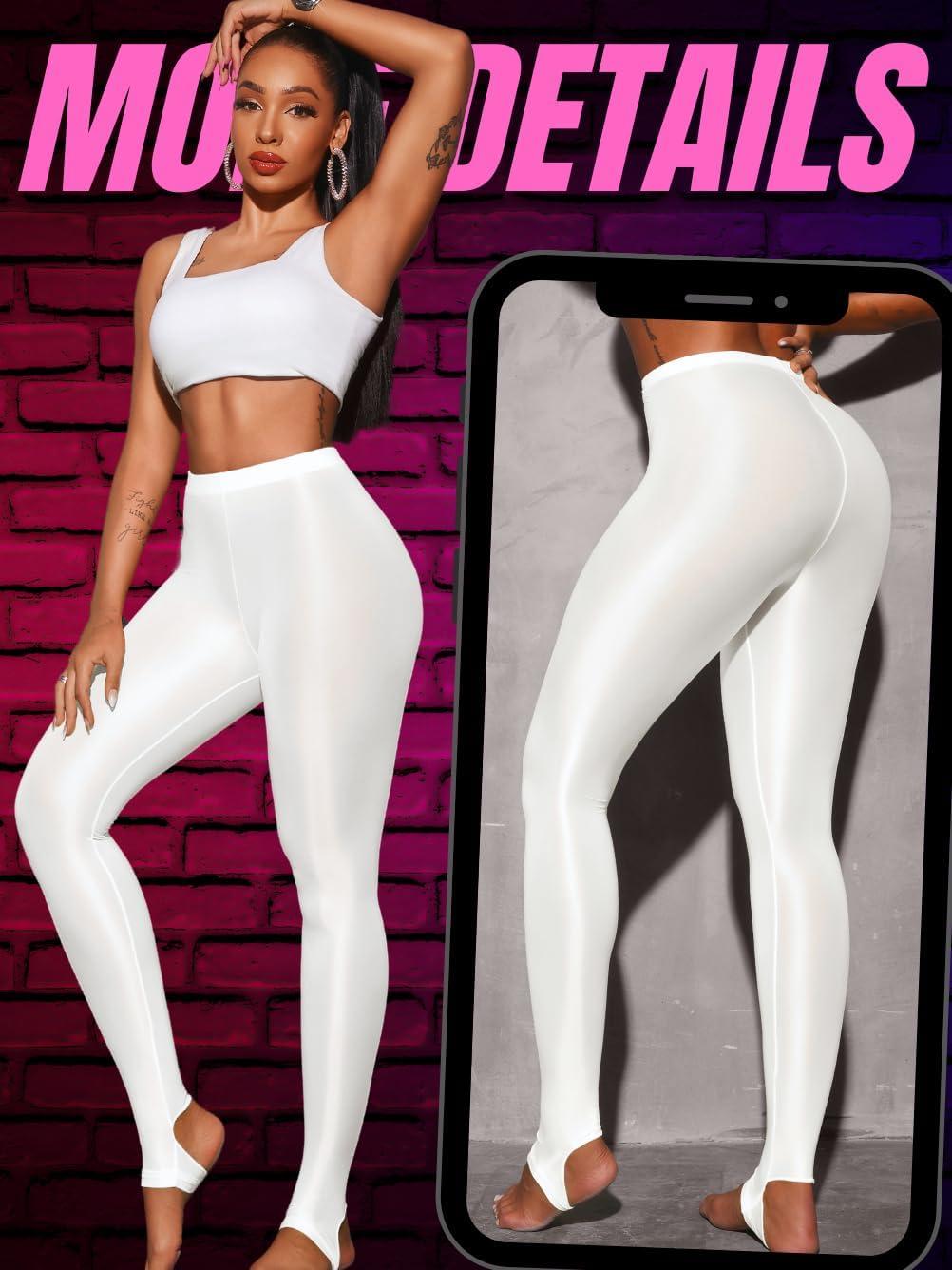 imageShiny Leggings for Women Rave Party Outfits Sexy Sheer Stirrup Pants High Waist Waisted See Through Mesh TightsWhite