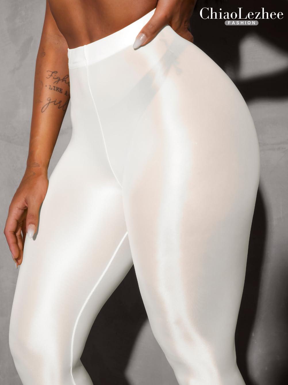 imageShiny Leggings for Women Rave Party Outfits Sexy Sheer Stirrup Pants High Waist Waisted See Through Mesh TightsWhite