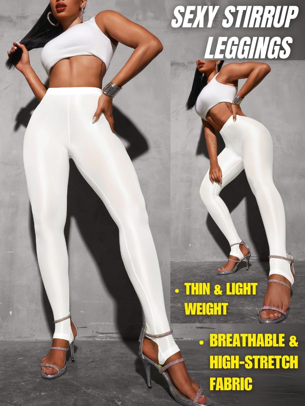 imageShiny Leggings for Women Rave Party Outfits Sexy Sheer Stirrup Pants High Waist Waisted See Through Mesh TightsWhite
