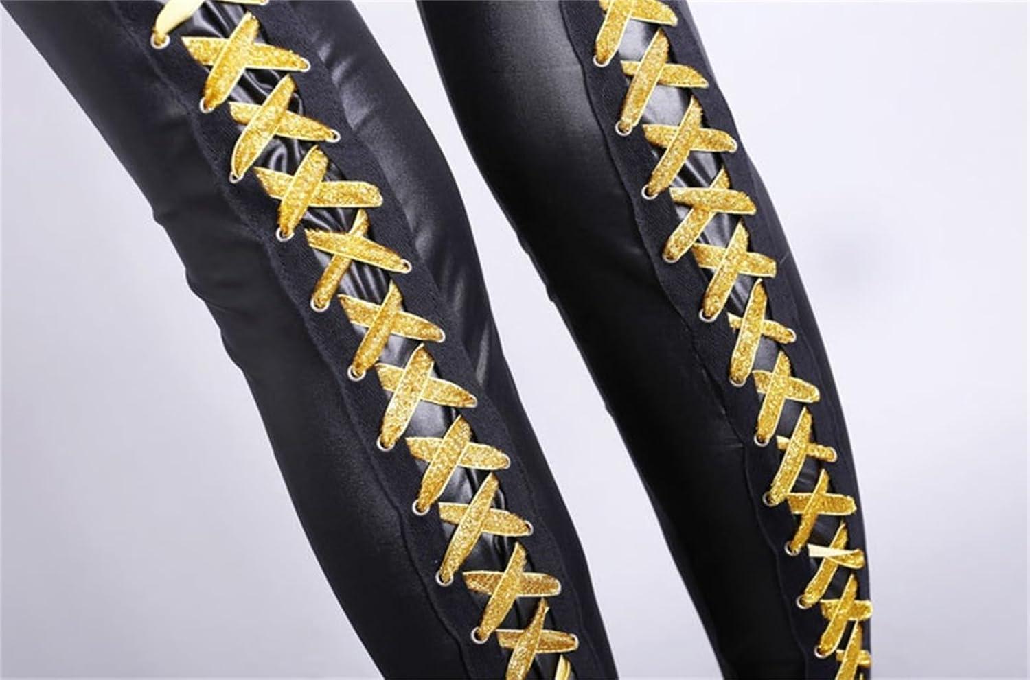 imageSorrica Faux Leather Leggings for Women Sexy Lace Up Back Clubwear Skinny PantsGold