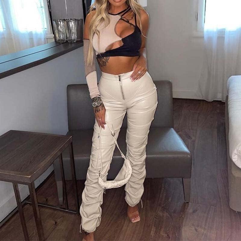 imageSumleno High Waist Stacked Pants for Women Faux Leather Ruffle Ruched Leggings Y2k Black Pleated Sexy Aesthetic StreetwearBeige