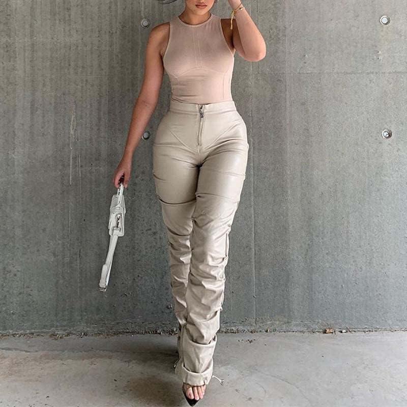 imageSumleno High Waist Stacked Pants for Women Faux Leather Ruffle Ruched Leggings Y2k Black Pleated Sexy Aesthetic StreetwearBeige